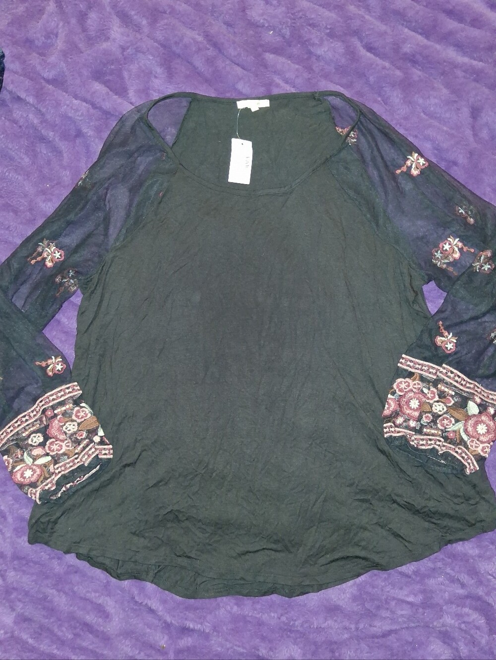Maurices Black Long-Sleeve Embroidered Boho Top